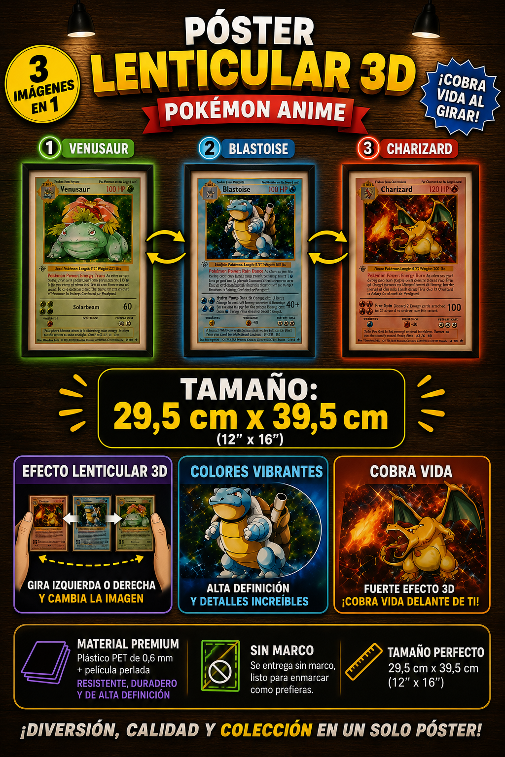 Póster de Pokémon Lenticular 3D de Anime, Charizard/Blastoise/Venusaur